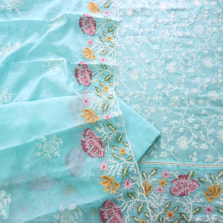 Jiya Ocean Aqua All Over Embroidered Work Cotton Set