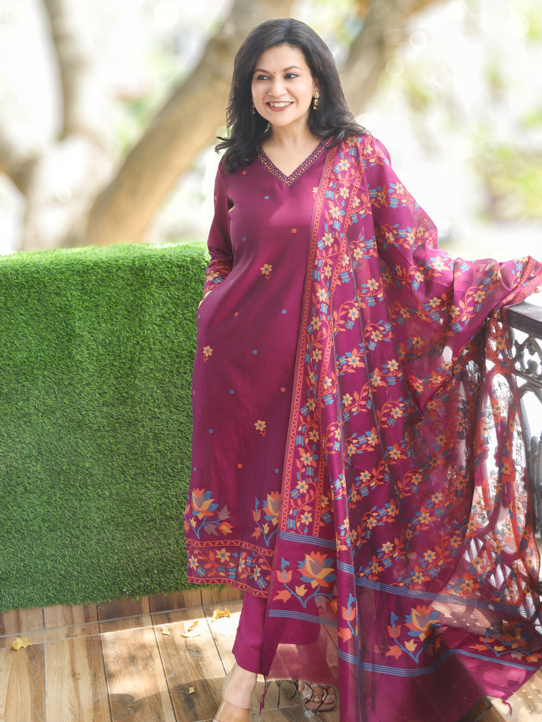 Saloni Purple Floral Jamdani 3 Piece Set