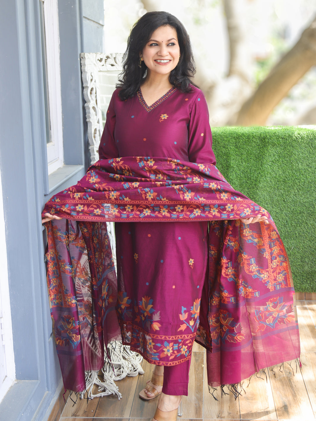 Saloni Purple Floral Jamdani 3 Piece Set