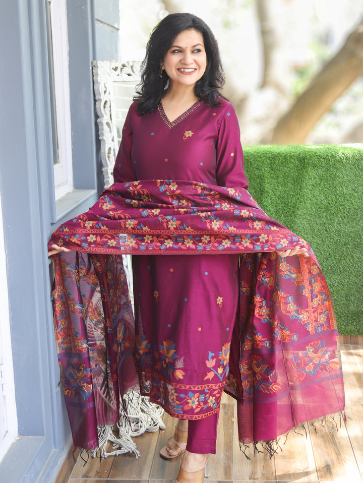 Saloni Purple Floral Jamdani 3 Piece Set