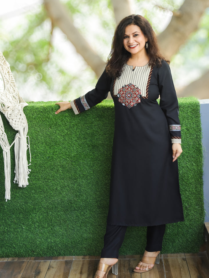Sangini Black Yoke with Thread and Ajrak Applique Patch Semi Pashmina Winter Kurti