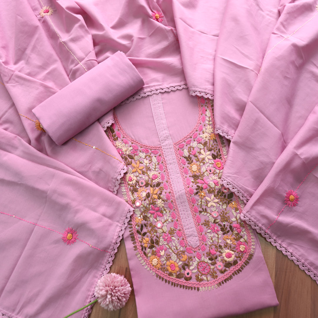Praushna Orchid Lilac Kolkata Hand Embroidered Mul Cotton Set