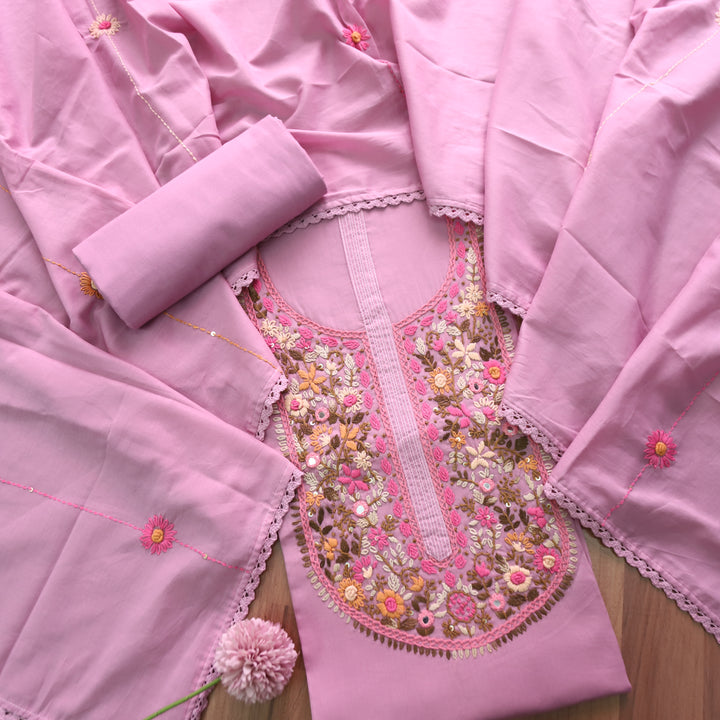 Praushna Orchid Lilac Kolkata Hand Embroidered Mul Cotton Set