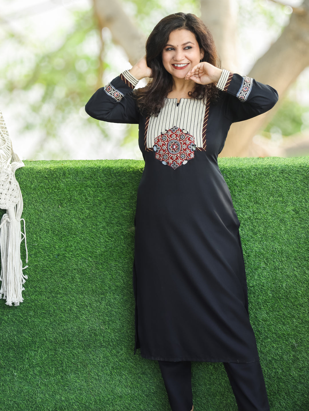 Sangini Black Yoke with Thread and Ajrak Applique Patch Semi Pashmina Winter Kurti