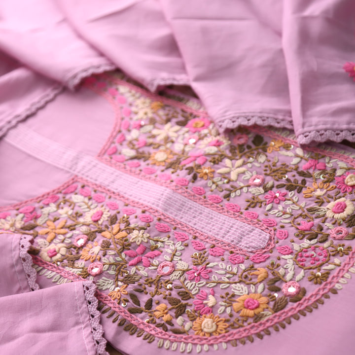 Praushna Orchid Lilac Kolkata Hand Embroidered Mul Cotton Set