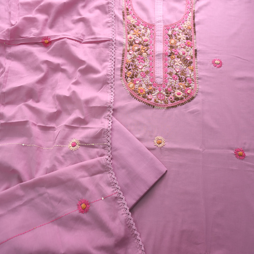 Praushna Orchid Lilac Kolkata Hand Embroidered Mul Cotton Set
