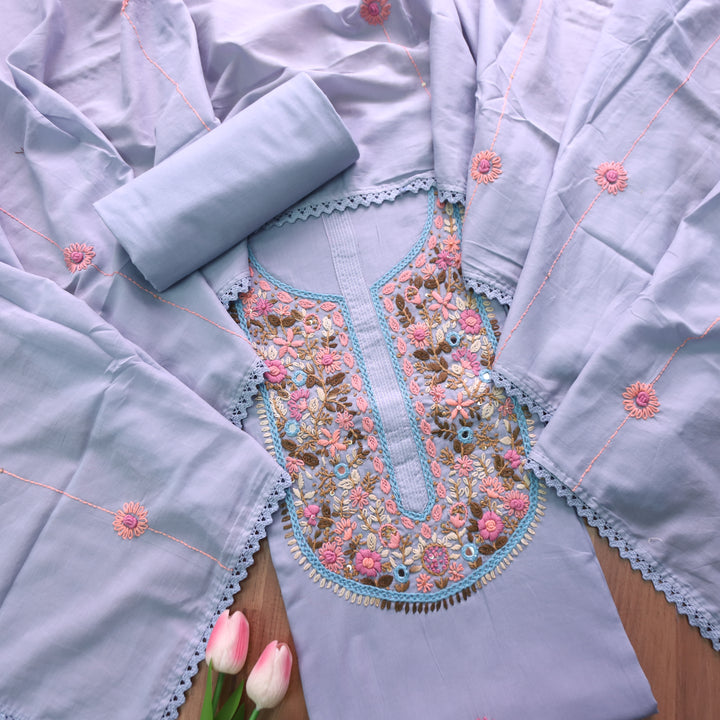 Praushna Purplish Grey Kolkata Hand Embroidered Mul Cotton Set