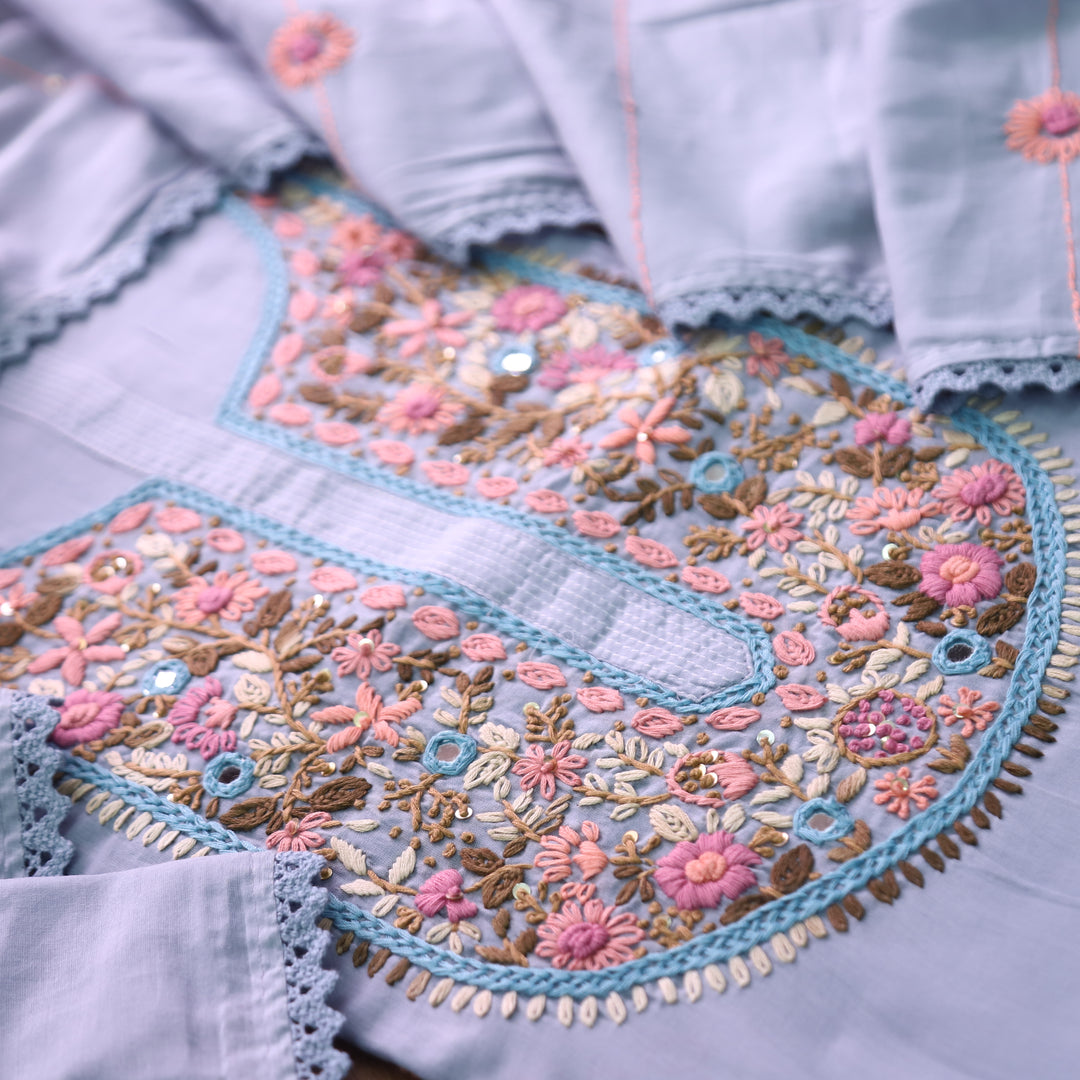 Praushna Purplish Grey Kolkata Hand Embroidered Mul Cotton Set