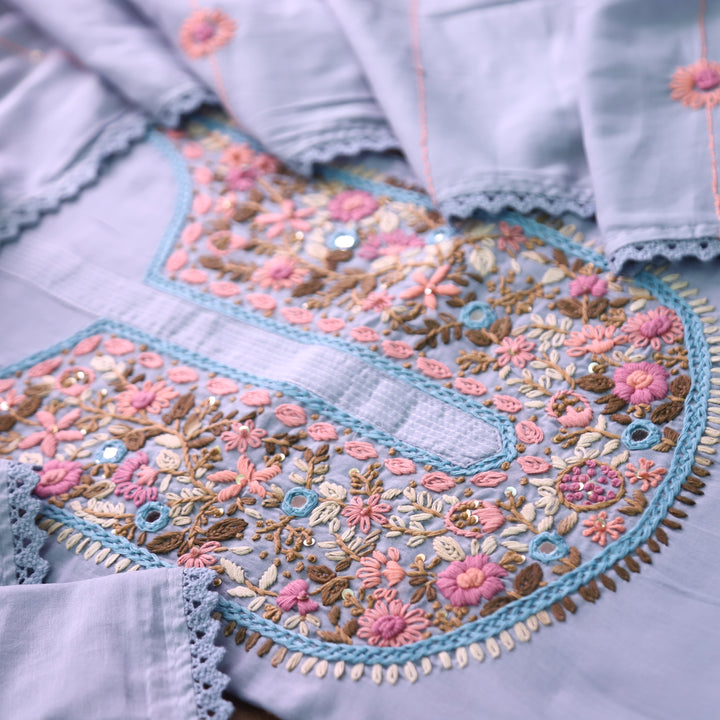 Praushna Purplish Grey Kolkata Hand Embroidered Mul Cotton Set