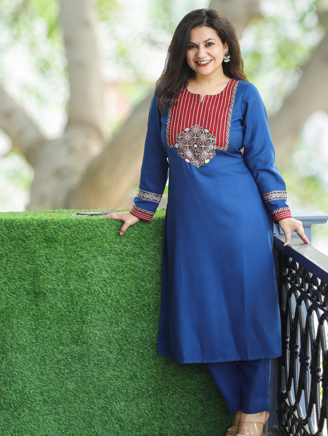 Sangini Blue Yoke with Thread and Ajrak Applique Patch Semi Pashmina Winter Kurti