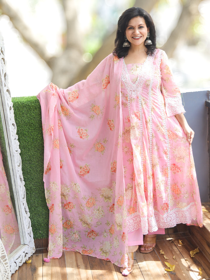 Neer Pink Lace Work Floral Cotton 3 Piece Set
