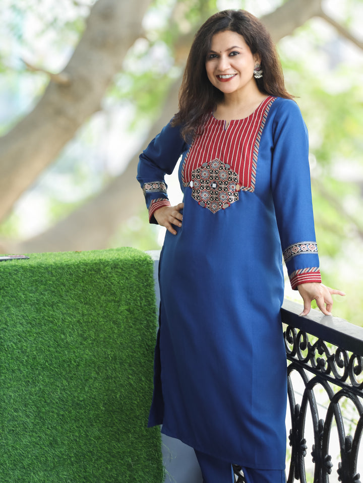 Sangini Blue Yoke with Thread and Ajrak Applique Patch Semi Pashmina Winter Kurti