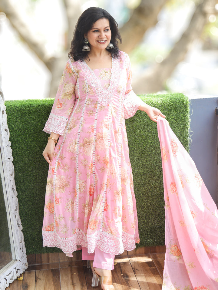Neer Pink Lace Work Floral Cotton 3 Piece Set