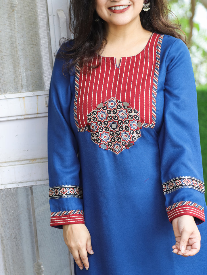 Sangini Blue Yoke with Thread and Ajrak Applique Patch Semi Pashmina Winter Kurti