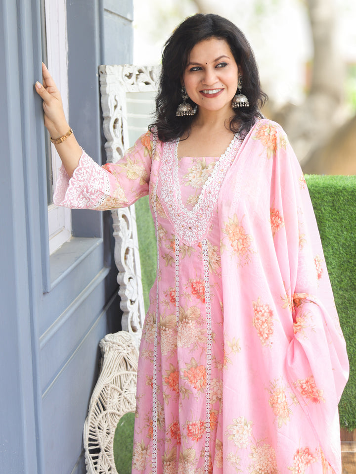 Neer Pink Lace Work Floral Cotton 3 Piece Set