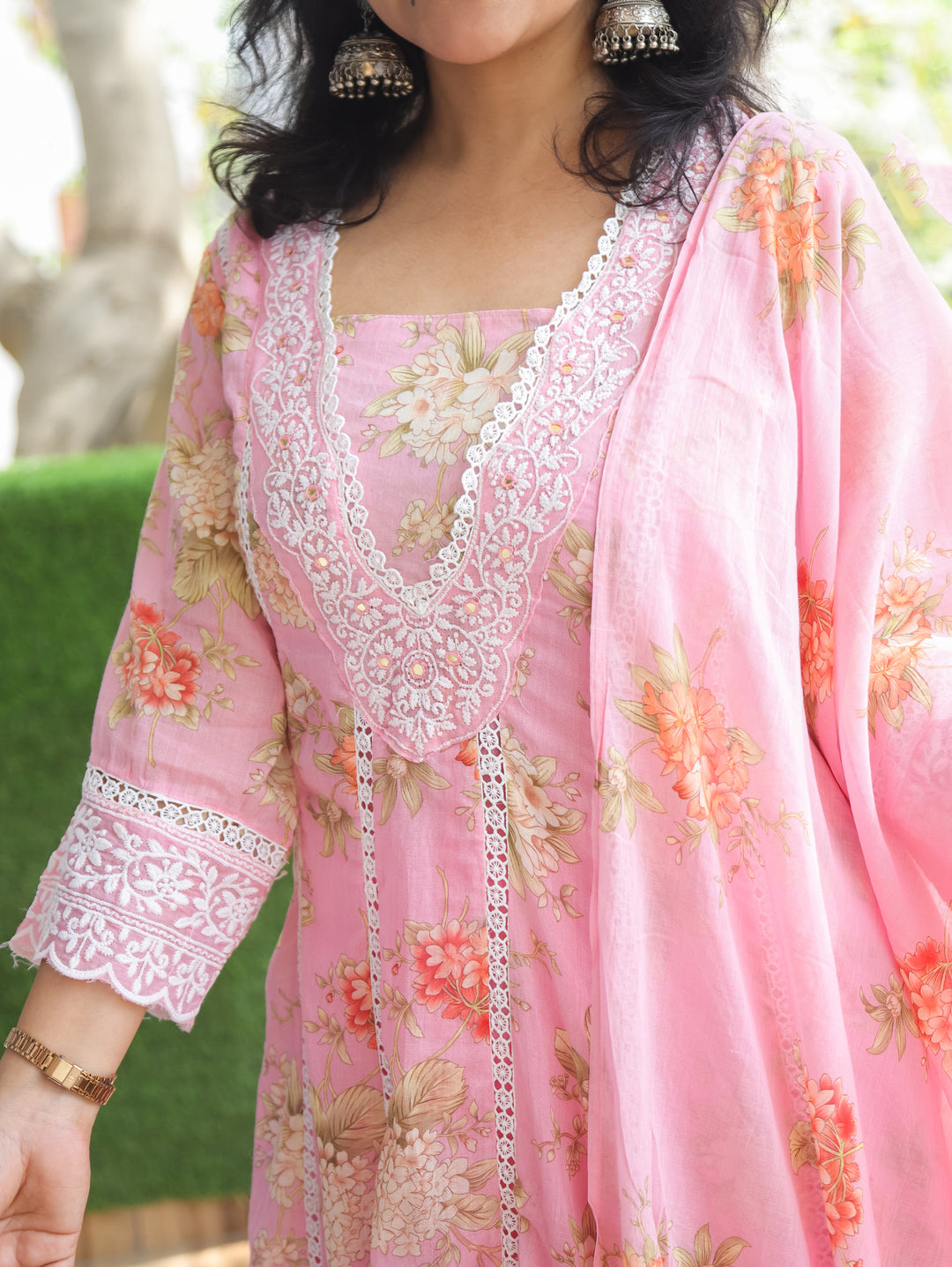 Neer Pink Lace Work Floral Cotton 3 Piece Set