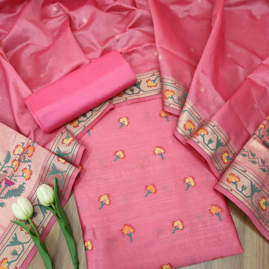 Taruni Pink Jamdani Jacquard Weaved Paithani Inspired Tussar Silk Suit Set