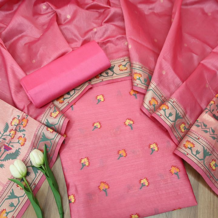 Taruni Pink Jamdani Jacquard Weaved Paithani Inspired Tussar Silk Suit Set