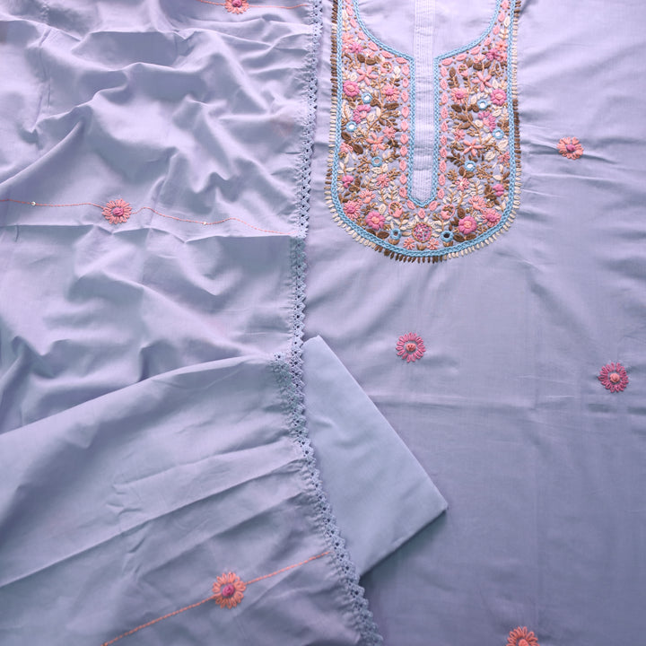 Praushna Purplish Grey Kolkata Hand Embroidered Mul Cotton Set