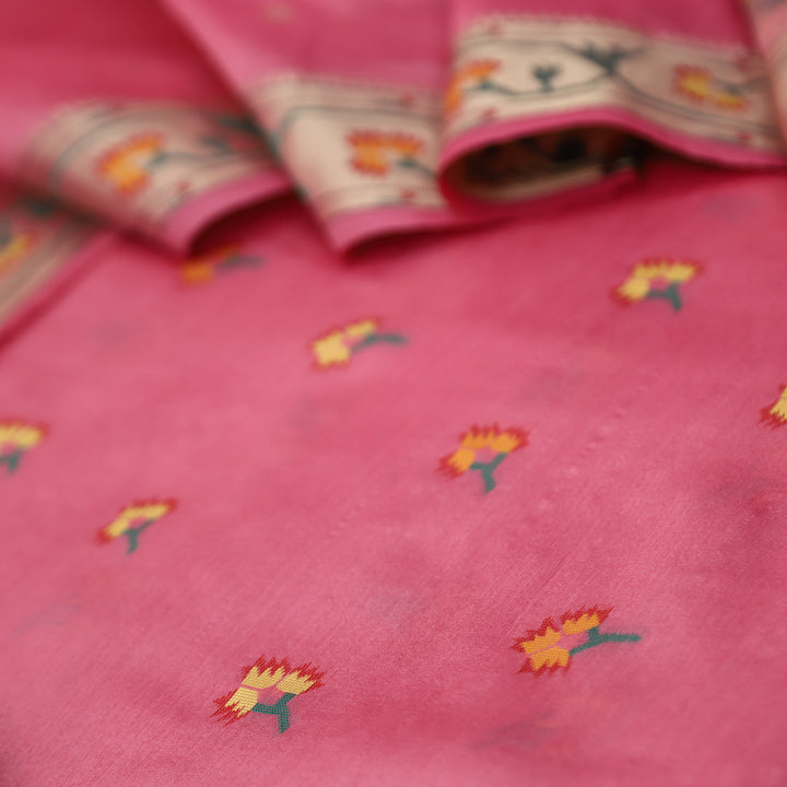 Taruni Pink Jamdani Jacquard Weaved Paithani Inspired Tussar Silk Suit Set