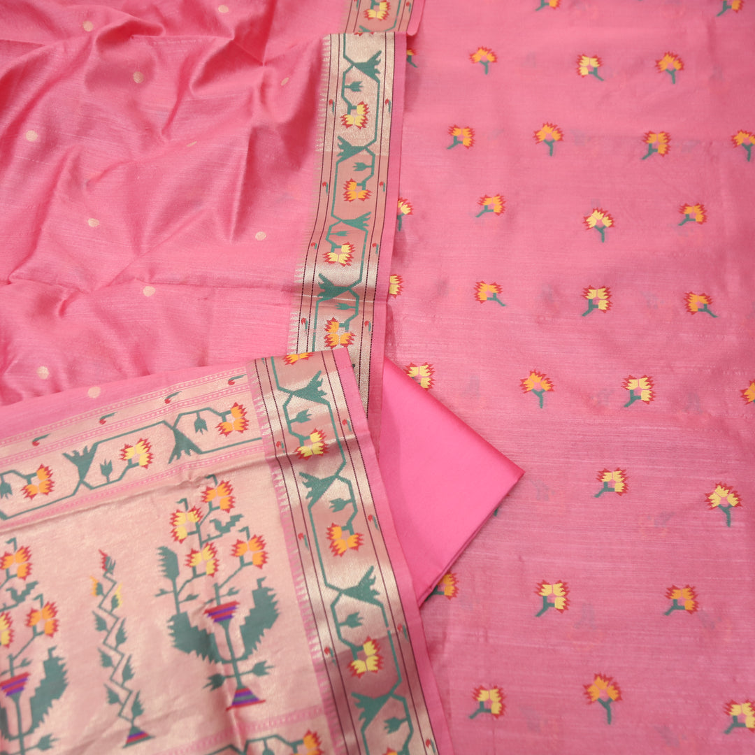 Taruni Pink Jamdani Jacquard Weaved Paithani Inspired Tussar Silk Suit Set