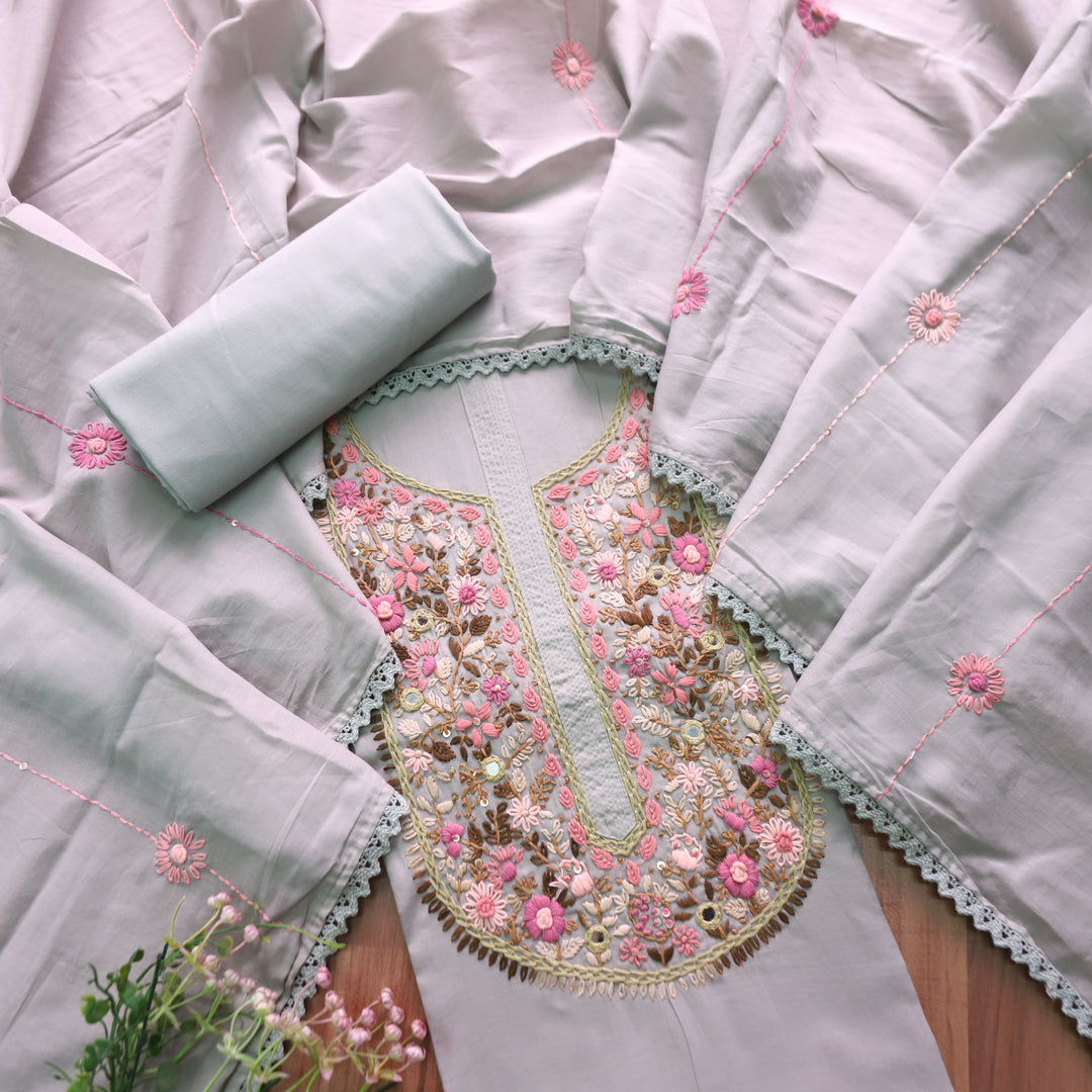 Praushna Sage Green Kolkata Hand Embroidered Mul Cotton Set