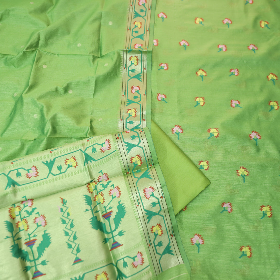 Taruṇi Fresh Green Jamdani Jacquard Weaved Paithani Inspired Tussar Silk Suit Set