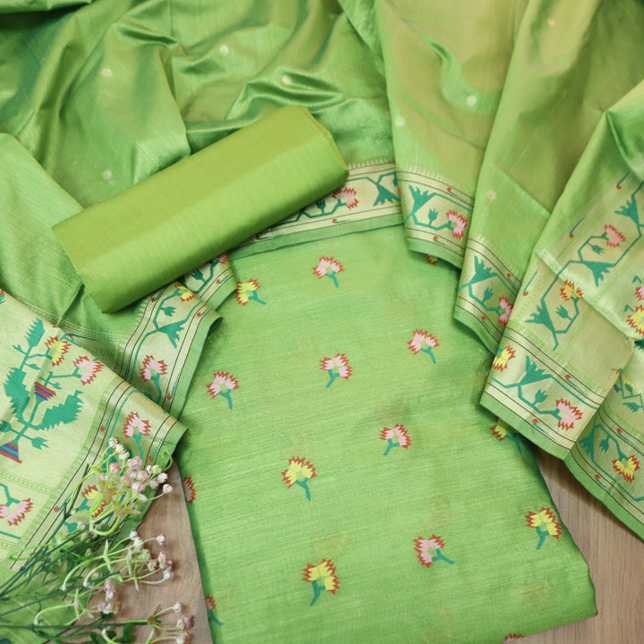 Taruṇi Fresh Green Jamdani Jacquard Weaved Paithani Inspired Tussar Silk Suit Set