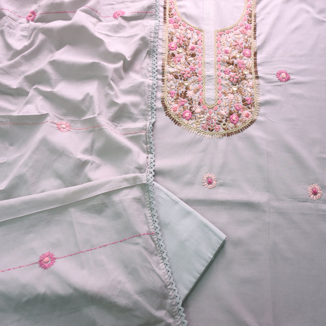 Praushna Sage Green Kolkata Hand Embroidered Mul Cotton Set