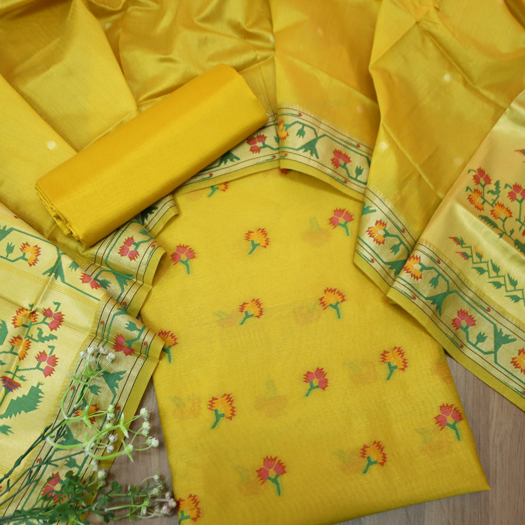Taruni Yellow Jamdani Jacquard Weaved Paithani Inspired Tussar Silk Suit Set