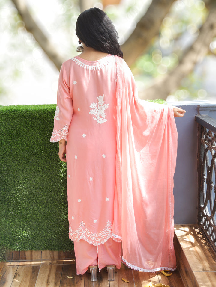 Neer Blush Pink Chikankari Cotton Rayon 3 Piece Set