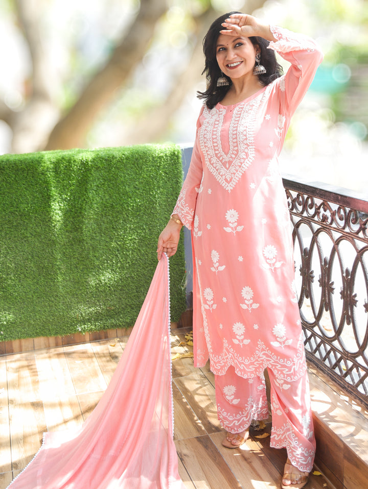 Neer Blush Pink Chikankari Cotton Rayon 3 Piece Set