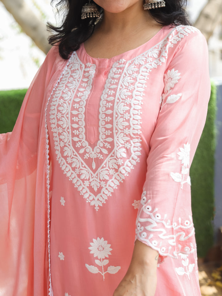 Neer Blush Pink Chikankari Cotton Rayon 3 Piece Set