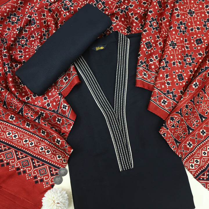 Satranga Ebony Black V neck Thread Work Premium Semi Pashmina Suit Set D1