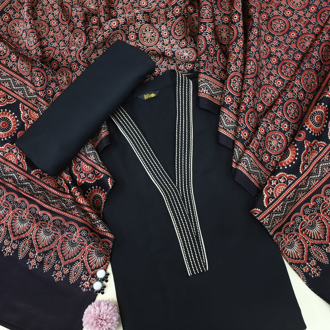 Satranga Ebony Black V neck Thread Work Cotton Flex Suit Set D2