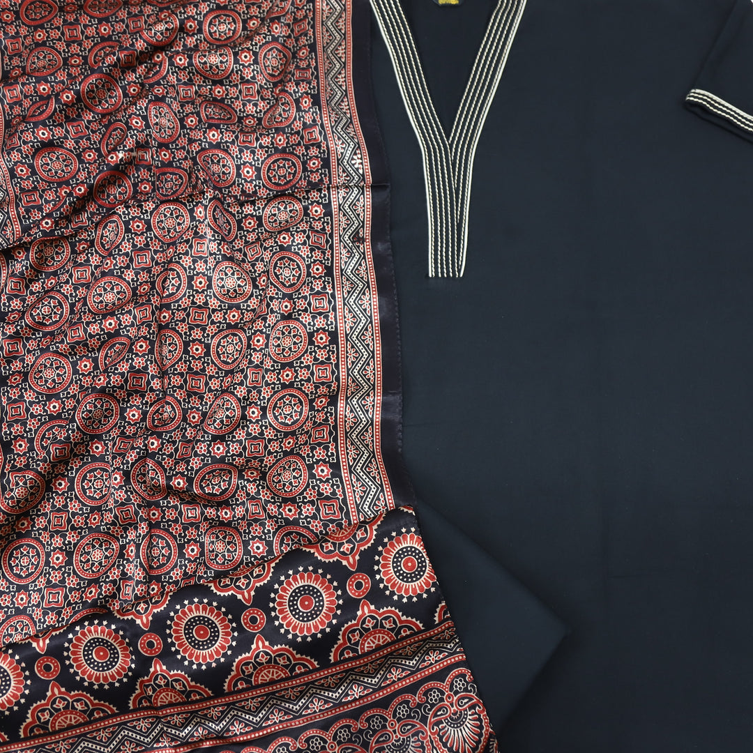 Satranga Ebony Black V neck Thread Work Cotton Flex Suit Set D2