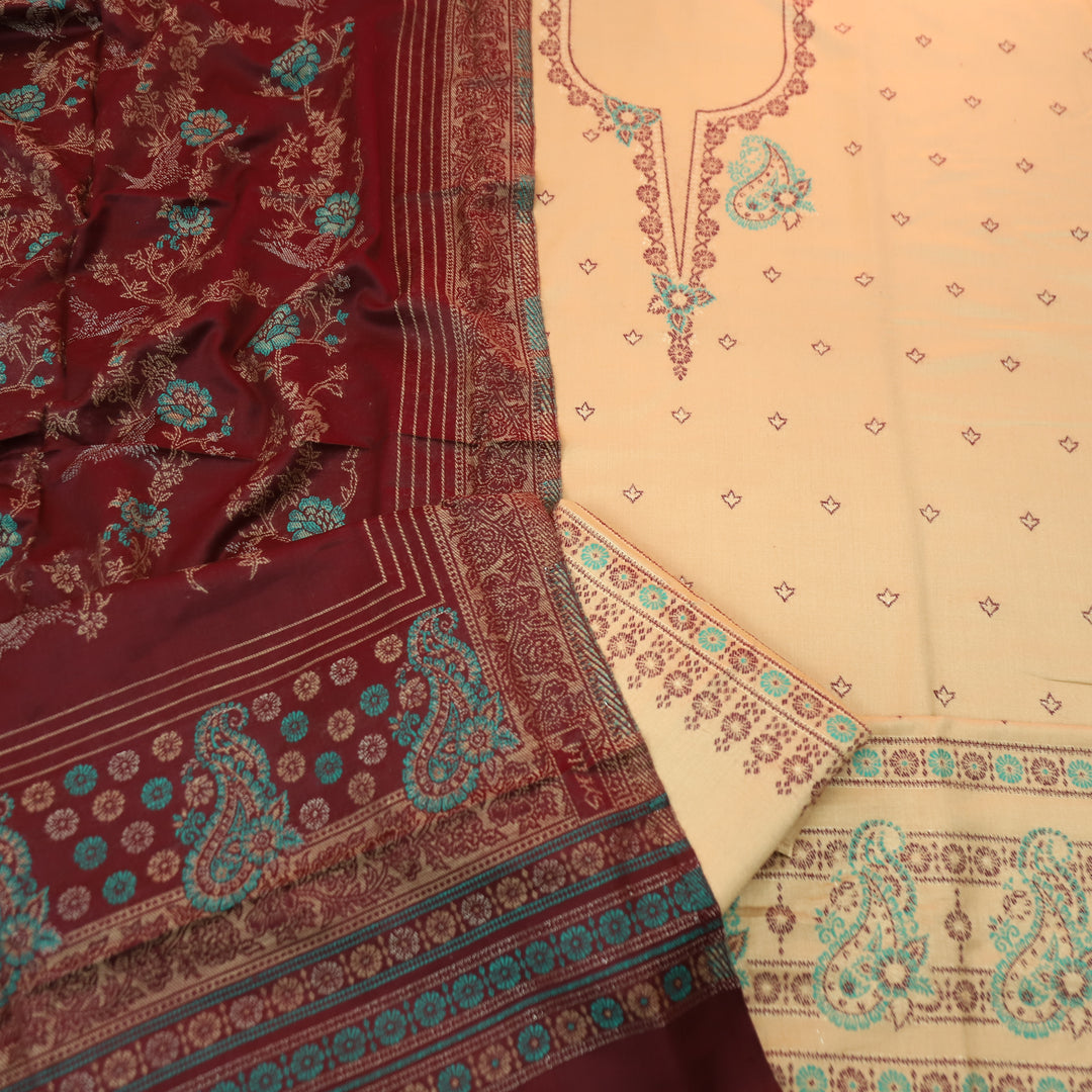 चांदनी Skin Beige All Over Thread and Zari Weaved Neck Semi Pashmina Winter Set