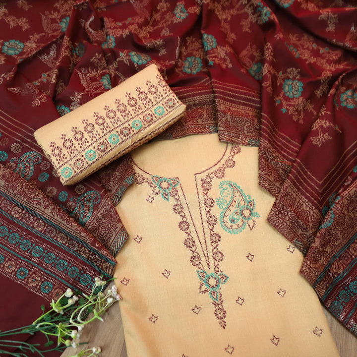 चांदनी Skin Beige All Over Thread and Zari Weaved Neck Semi Pashmina Winter Set