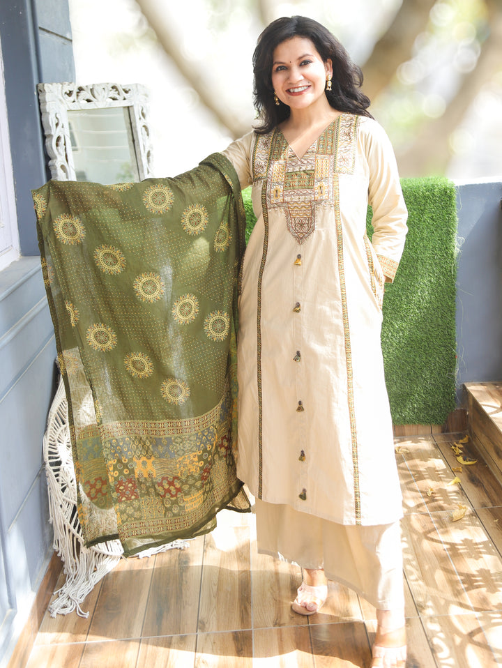 Parvati Hazel Beige Embroidered Cotton 3 Piece Set