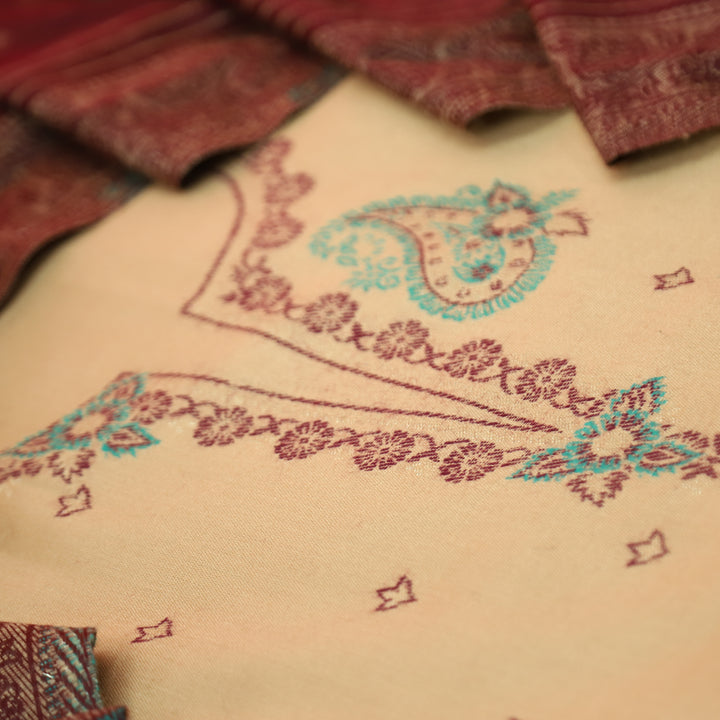 चांदनी Skin Beige All Over Thread and Zari Weaved Neck Semi Pashmina Winter Set