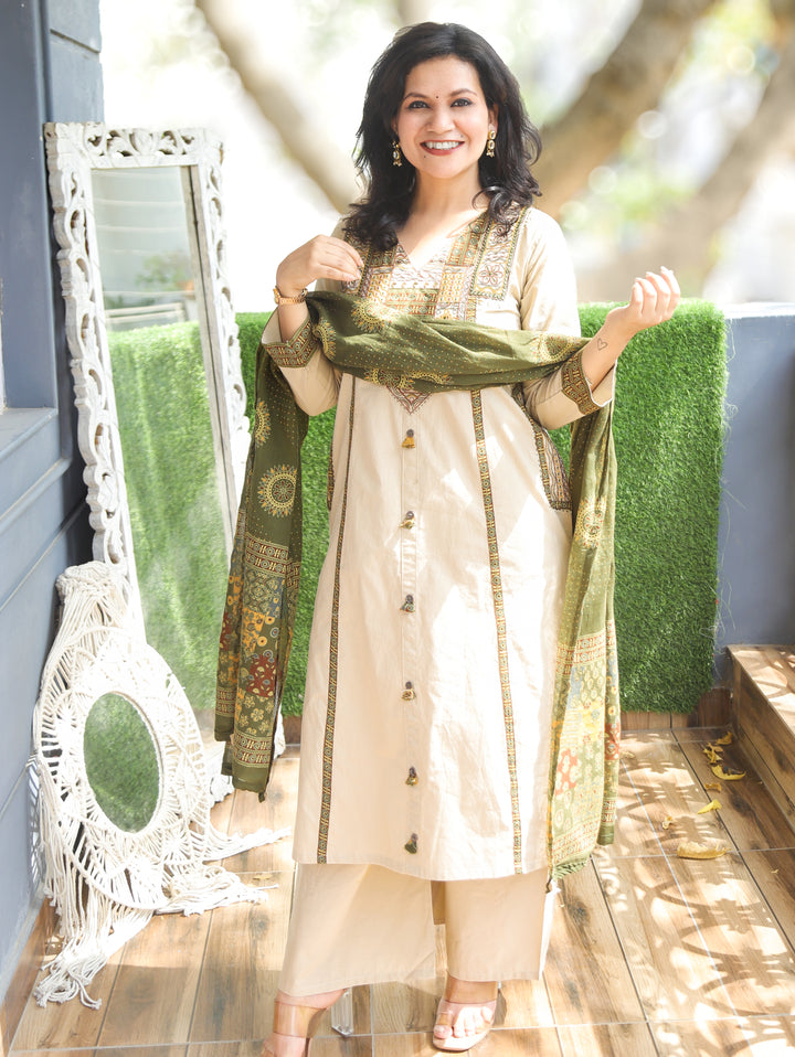 Parvati Hazel Beige Embroidered Cotton 3 Piece Set