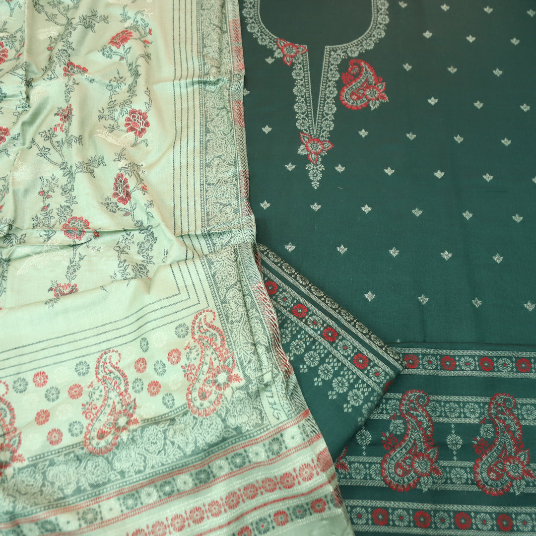 चांदनी Dark Green All Over Thread and Zari Weaved Neck Semi Pashmina Winter Set