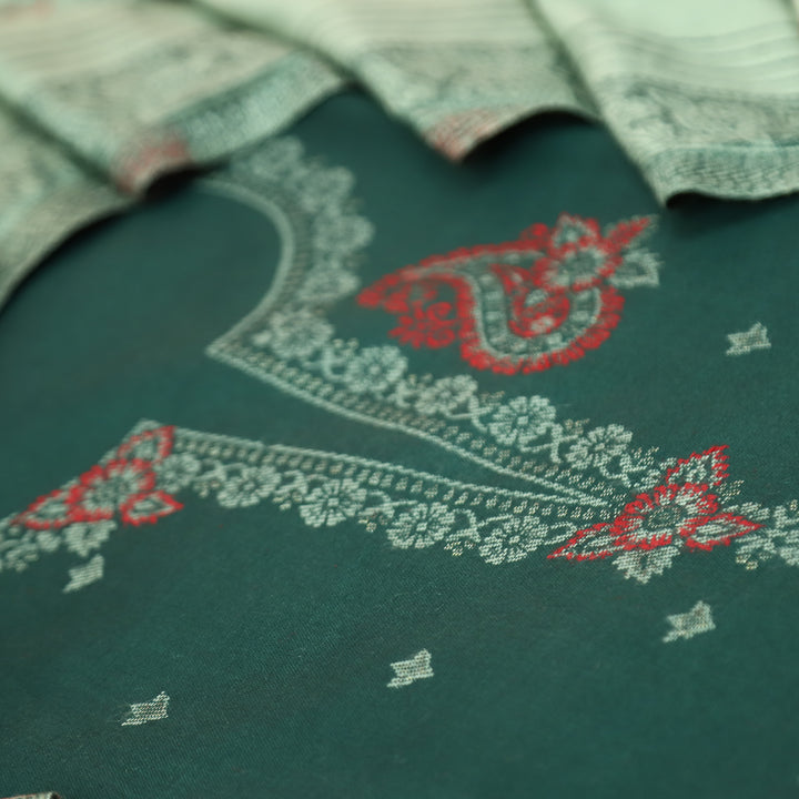 चांदनी Dark Green All Over Thread and Zari Weaved Neck Semi Pashmina Winter Set