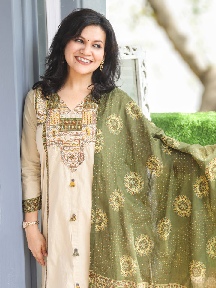 Parvati Hazel Beige Embroidered Cotton 3 Piece Set