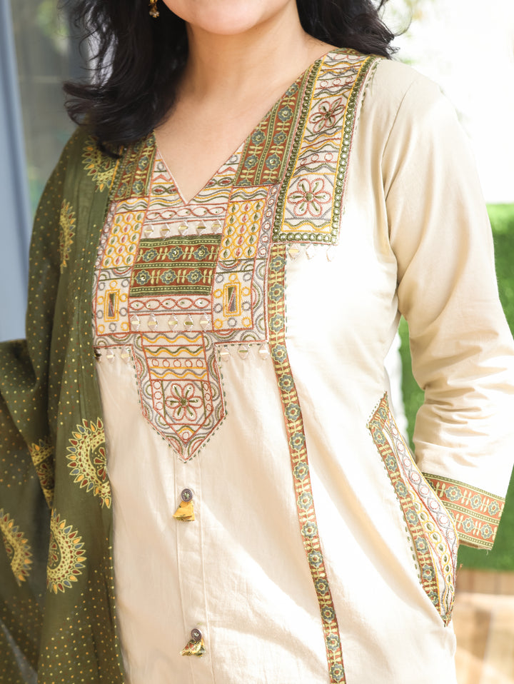 Parvati Hazel Beige Embroidered Cotton 3 Piece Set