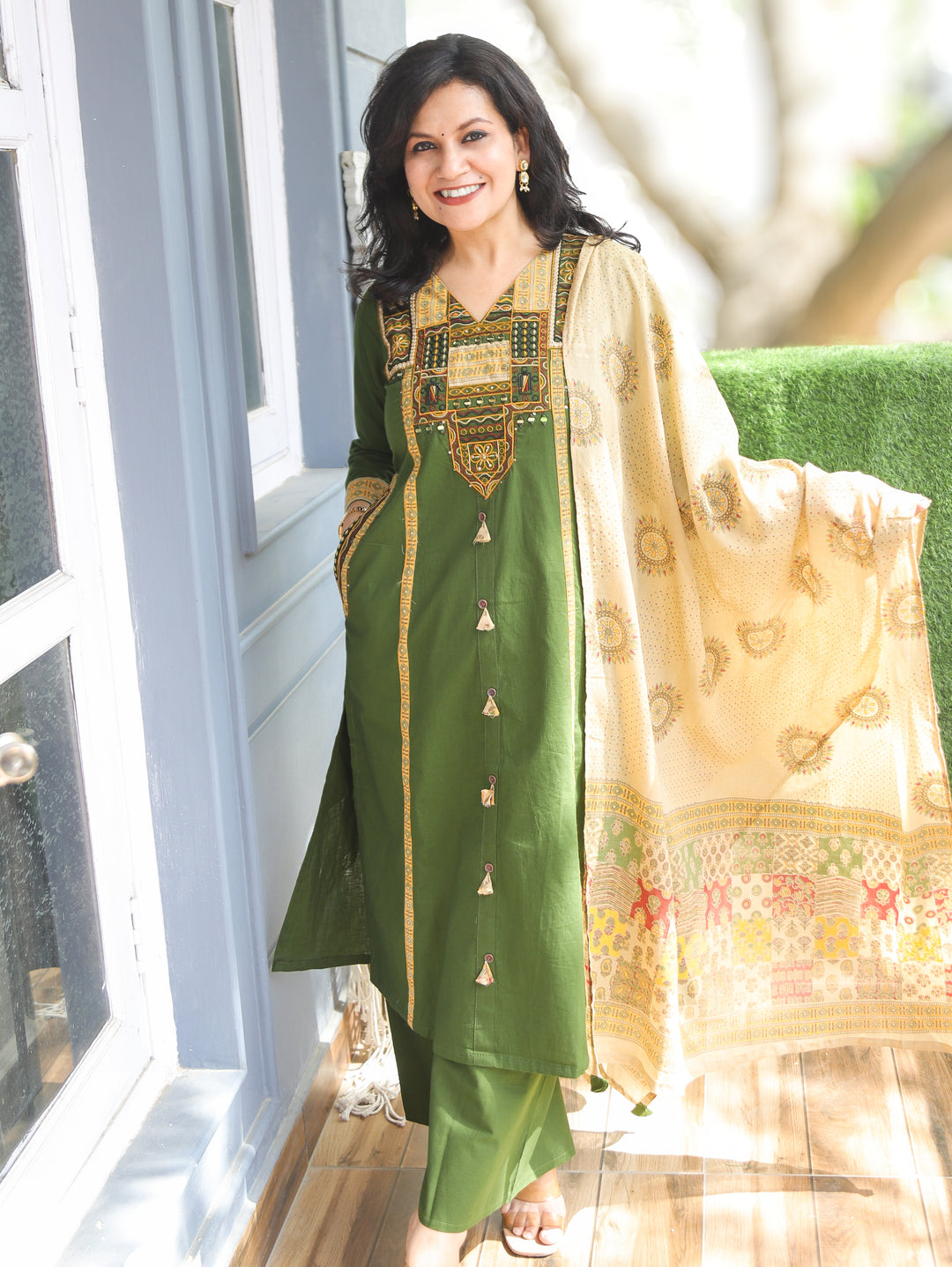 Parvati Pine Green Embroidered Cotton 3 Piece Set