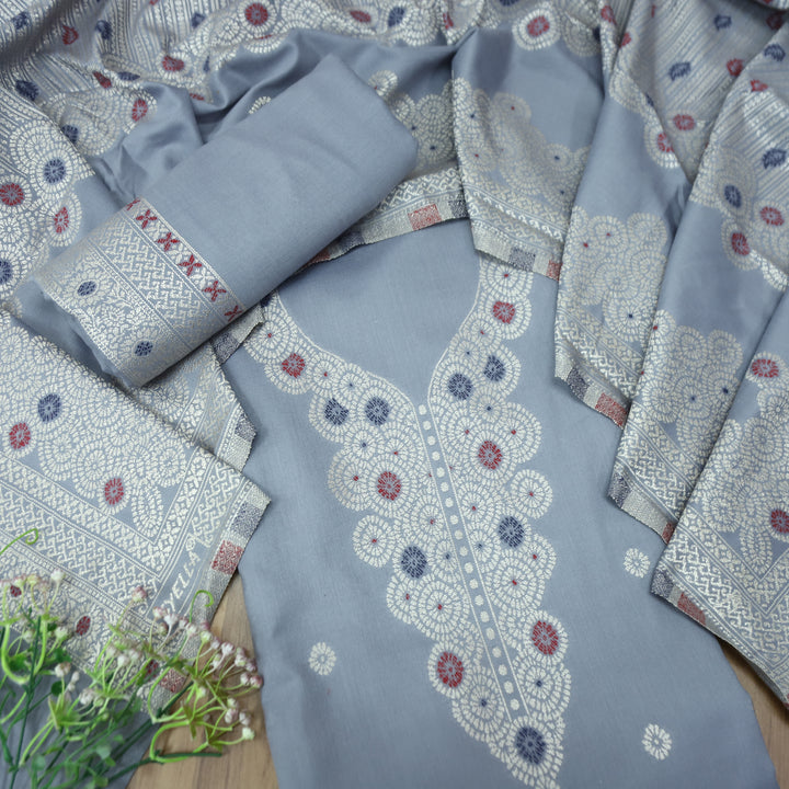 सांभवी Fossil Grey Defined By Thread and Zari Weaved Neck Semi Pashmina Winter Set