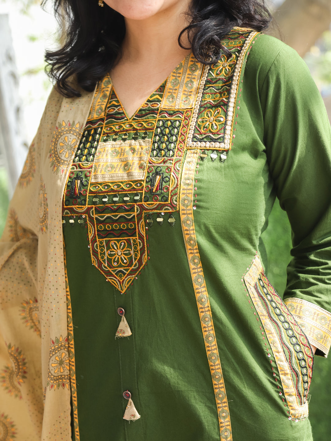 Parvati Pine Green Embroidered Cotton 3 Piece Set
