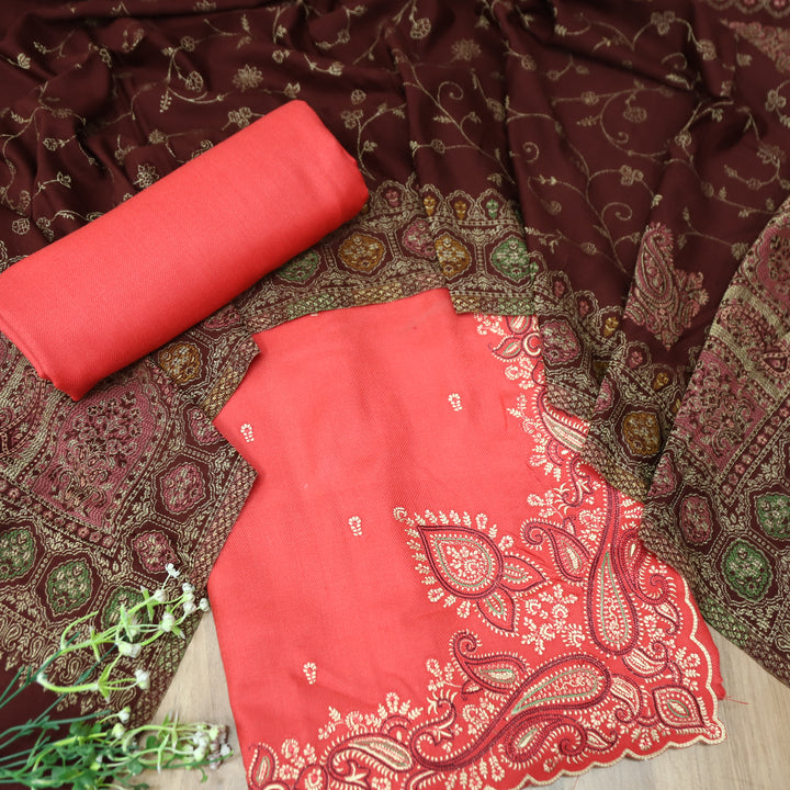 आयशा Bright Pink All Over Thread and Embroidered Hem Semi Pashmina Winter Set