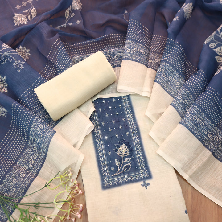 Beliya Beige with Blue Printed Yoke with Patra Floral Printed Cotton Linen Set